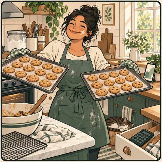 Drawing of a smiling home baker holding two full trays of cookies in her kitchen.