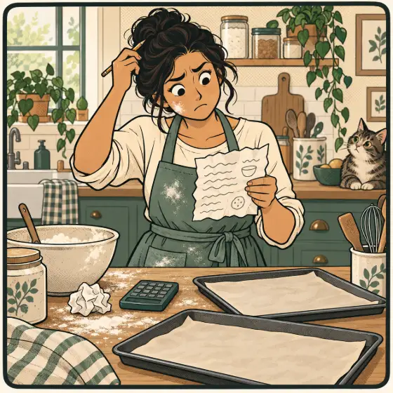 A puzzled baker reads a crumpled recipe next to a calculator and two empty baking trays.