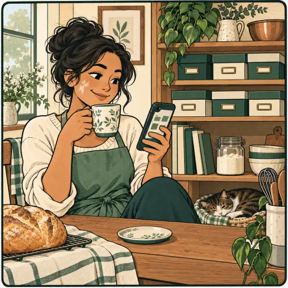 The baker relaxes with a cup of tea and her phone, beside neat shelves of labelled recipe boxes.