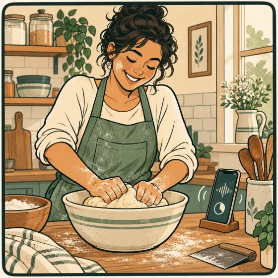 The baker kneads happily while the phone on the counter reads the step aloud.