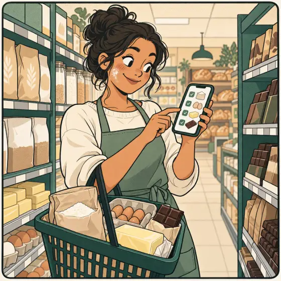 The baker smiles, ticking items off on her phone, her basket full of flour, eggs and butter.